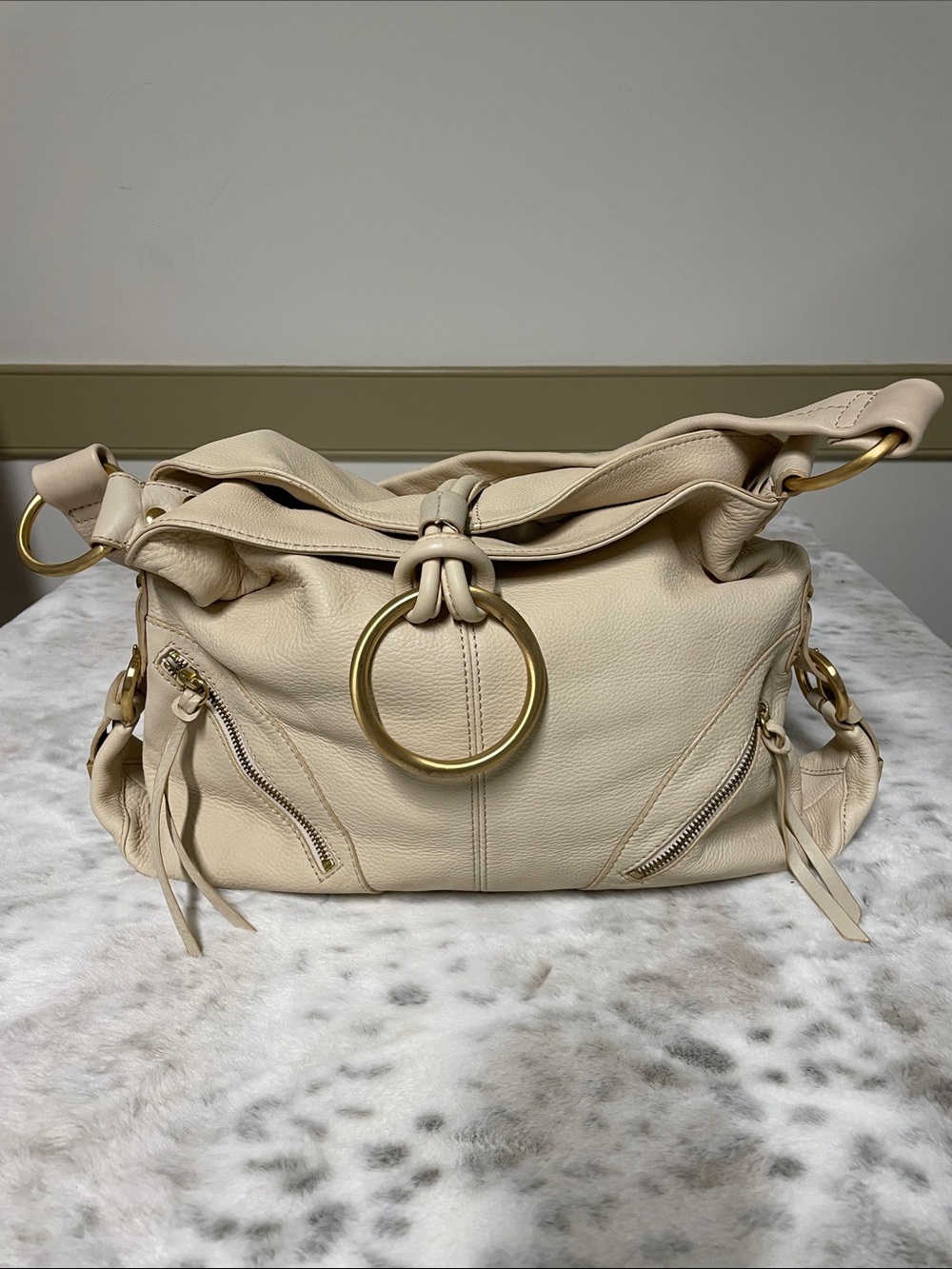 C. Luce Cream Leather Hobo with Gold Ring Hardware